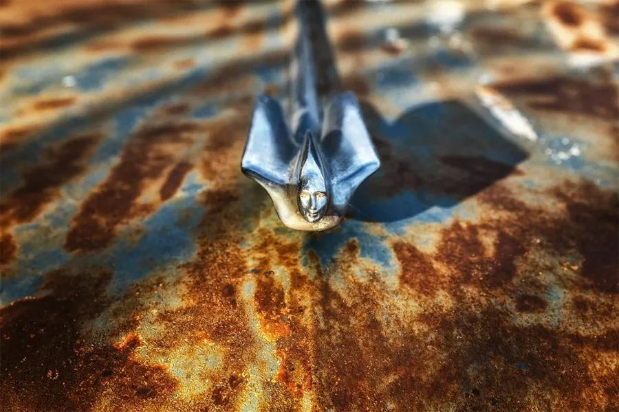 لوگو زیبای خودرویی کلاسیک روی یک کاپوت زنگ زده